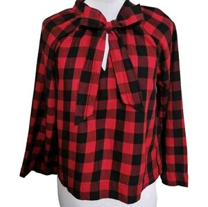 Madewell Womens Size Small Buffalo Plaid Tie Neck Flannel Top Boxy Fit